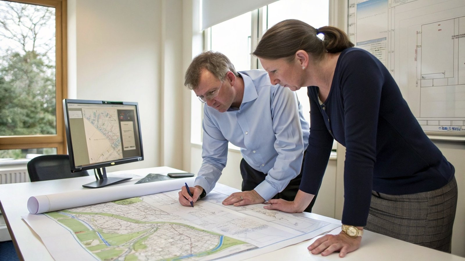 Architect reviewing topographic survey plans